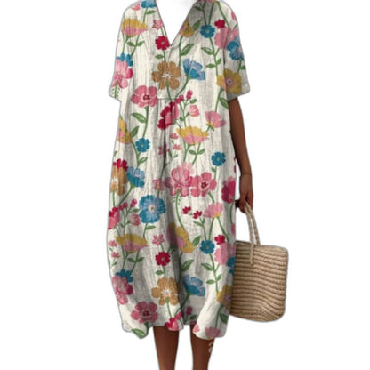 Effortless Floral Midi Dress for Women with V Neck Short Sleeve Button Front Flowing Oversized Casual Style