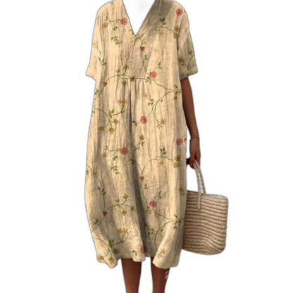 Effortless Floral Midi Dress for Women with V Neck Short Sleeve Button Front Flowing Oversized Casual Style