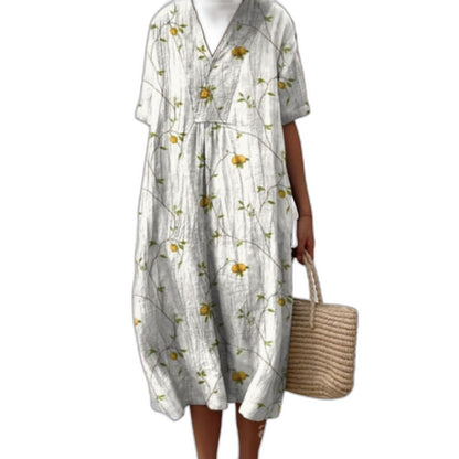 Effortless Floral Midi Dress for Women with V Neck Short Sleeve Button Front Flowing Oversized Casual Style
