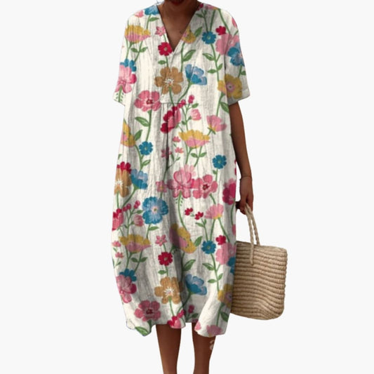 Effortless Floral Midi Dress for Women with V Neck Short Sleeve Button Front Flowing Oversized Casual Style