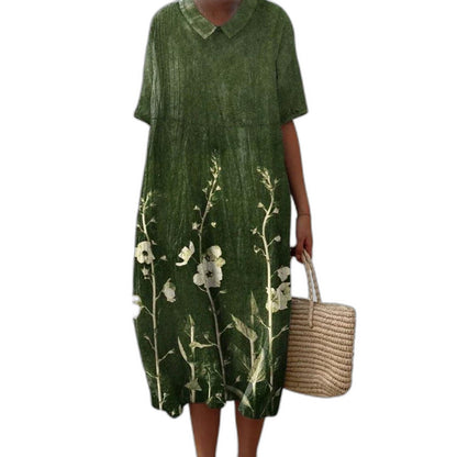 Effortless Floral Midi Dress for Women with V Neck Short Sleeve Button Front Flowing Oversized Casual Style