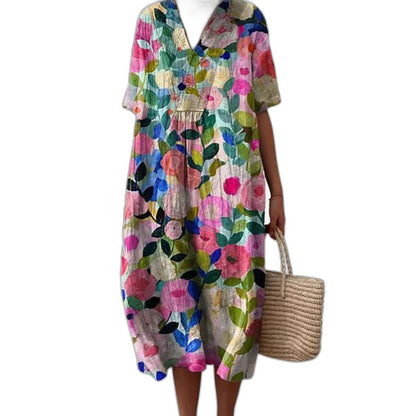 Effortless Floral Midi Dress for Women with V Neck Short Sleeve Button Front Flowing Oversized Casual Style