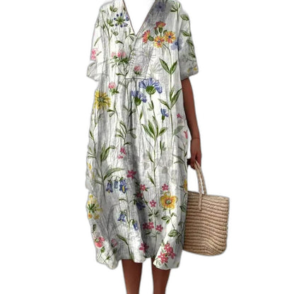 Effortless Floral Midi Dress for Women with V Neck Short Sleeve Button Front Flowing Oversized Casual Style