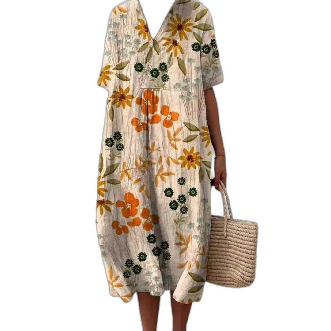 Effortless Floral Midi Dress for Women with V Neck Short Sleeve Button Front Flowing Oversized Casual Style