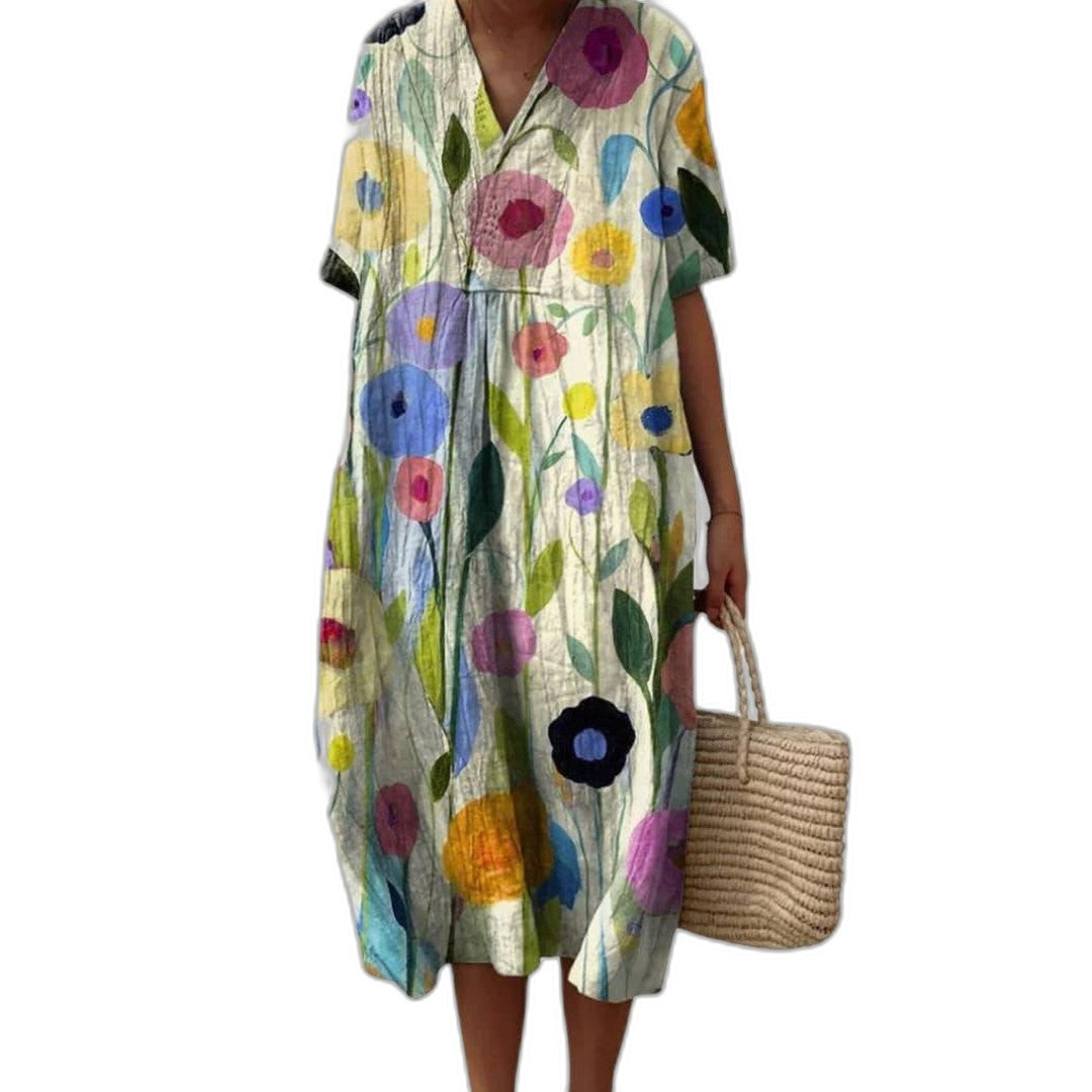 Effortless Floral Midi Dress for Women with V Neck Short Sleeve Button Front Flowing Oversized Casual Style