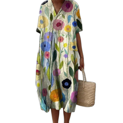 Effortless Floral Midi Dress for Women with V Neck Short Sleeve Button Front Flowing Oversized Casual Style