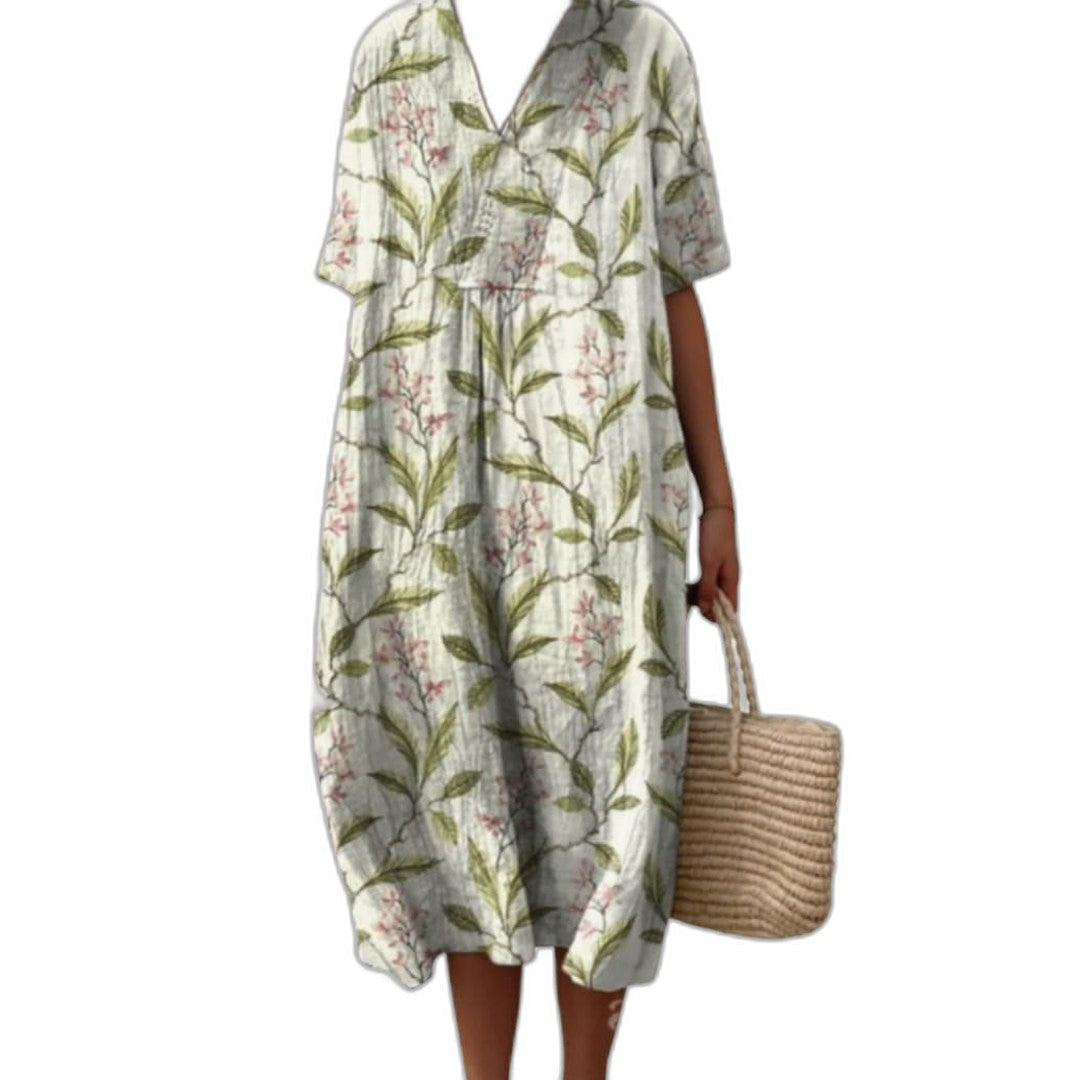 Effortless Floral Midi Dress for Women with V Neck Short Sleeve Button Front Flowing Oversized Casual Style
