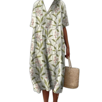 Effortless Floral Midi Dress for Women with V Neck Short Sleeve Button Front Flowing Oversized Casual Style
