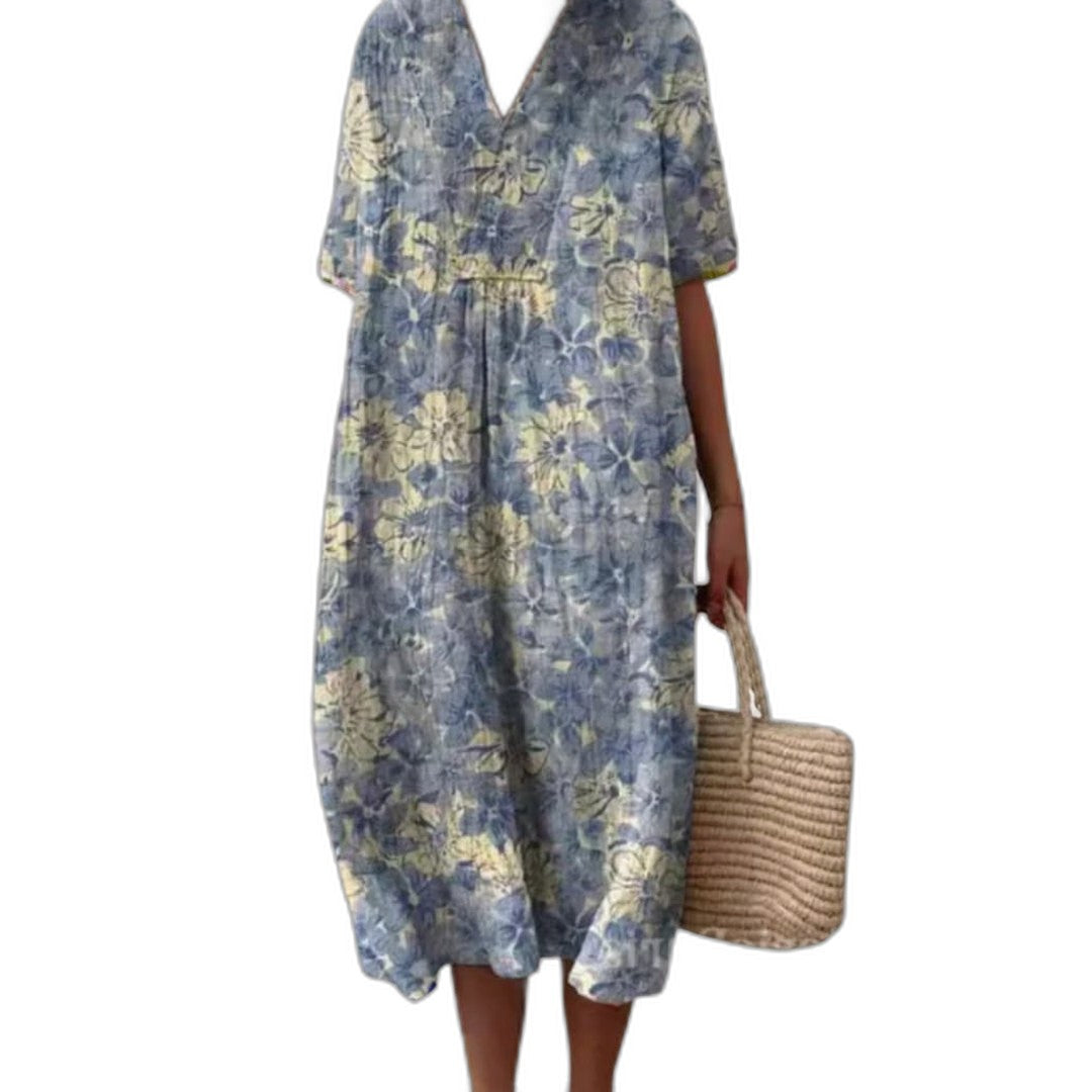 Effortless Floral Midi Dress for Women with V Neck Short Sleeve Button Front Flowing Oversized Casual Style