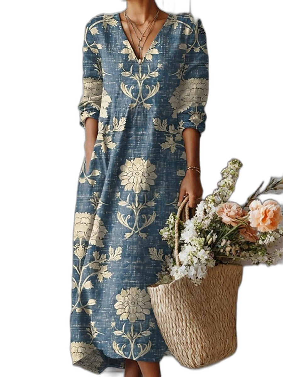 Effortless Floral Midi Dress for Women with V Neck Short Sleeve Button Front Flowing Pockets Casual Style