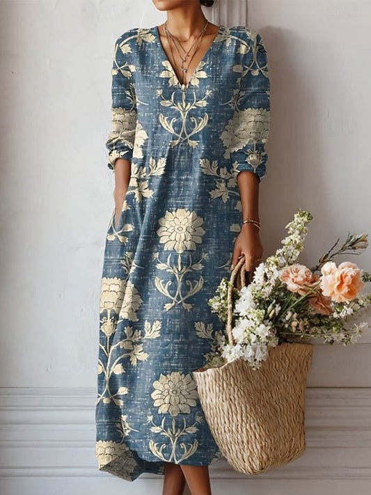 Effortless Floral Midi Dress for Women with V Neck Short Sleeve Button Front Flowing Pockets Casual Style