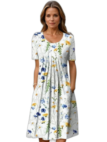 Effortless Floral Midi Dress for Women with V Neck Short Sleeve Fit And Flare Casual Style
