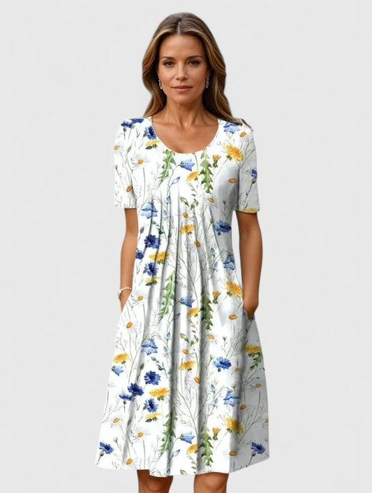Effortless Floral Midi Dress for Women with V Neck Short Sleeve Fit And Flare Casual Style
