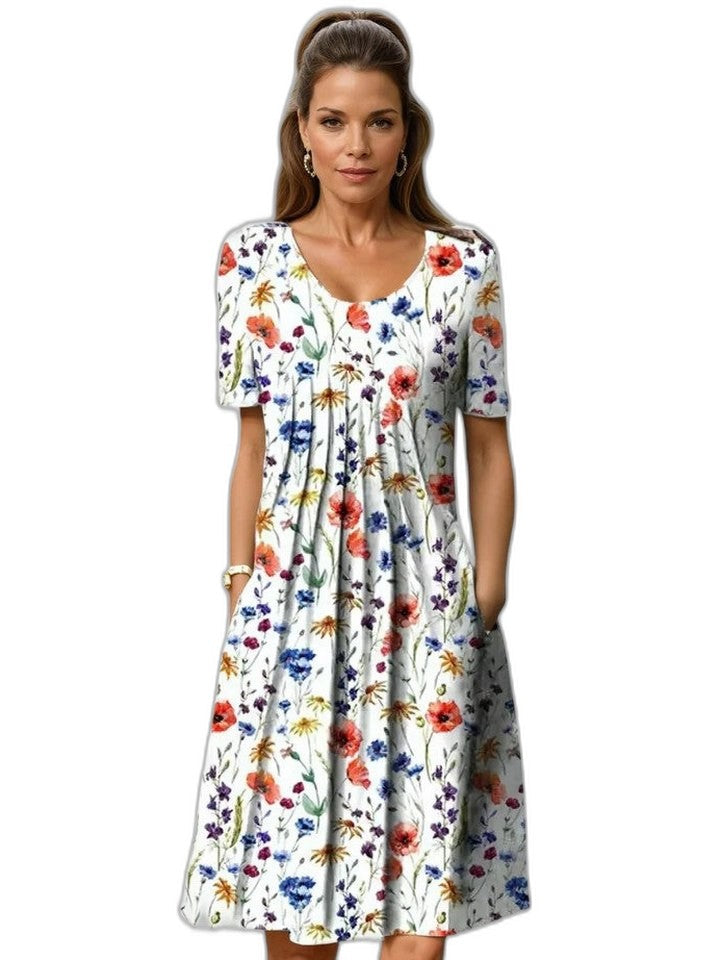 Effortless Floral Midi Dress for Women with V Neck Short Sleeve Fit And Flare Casual Style