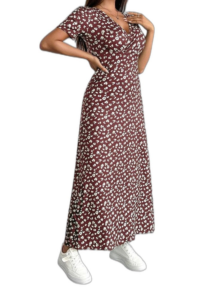 Effortless Floral Midi Dress for Women with V Neck Short Sleeve Flowing Casual Style