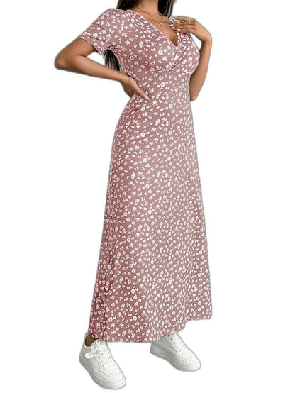 Effortless Floral Midi Dress for Women with V Neck Short Sleeve Flowing Casual Style