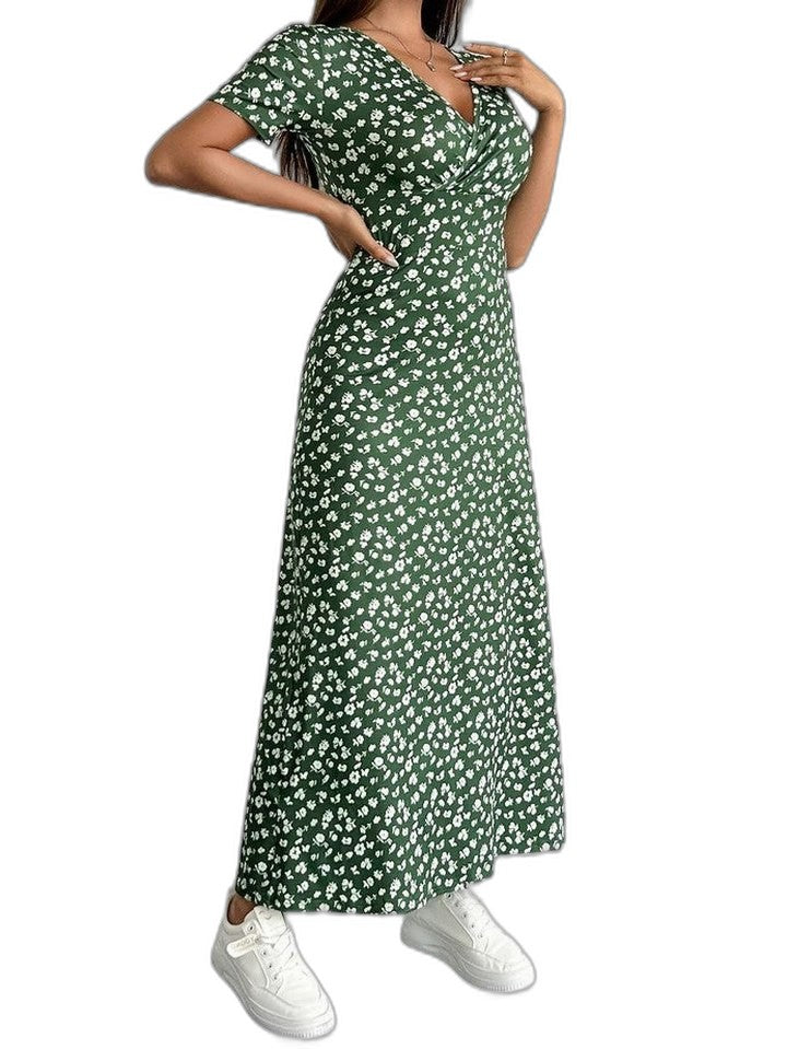 Effortless Floral Midi Dress for Women with V Neck Short Sleeve Flowing Casual Style
