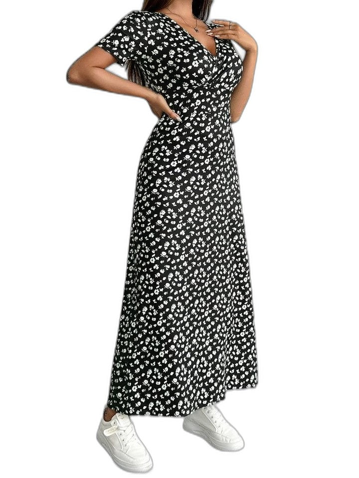 Effortless Floral Midi Dress for Women with V Neck Short Sleeve Flowing Casual Style