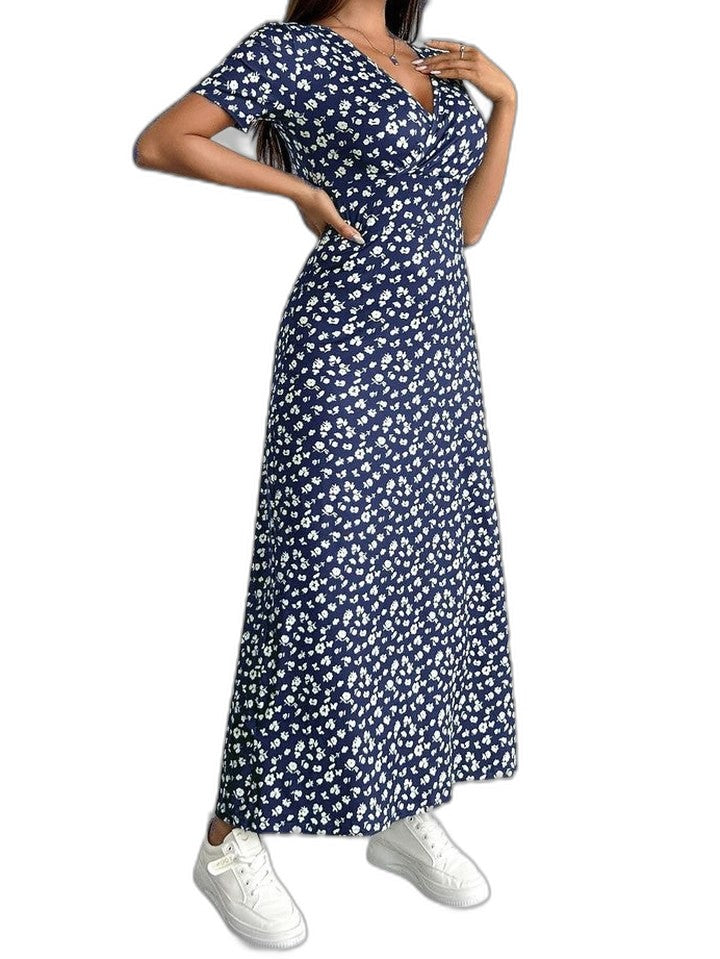 Effortless Floral Midi Dress for Women with V Neck Short Sleeve Flowing Casual Style