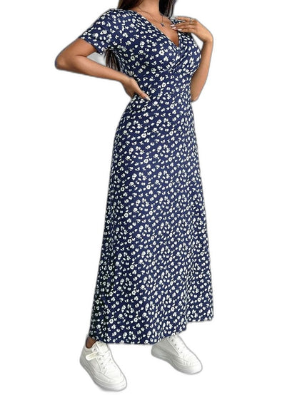 Effortless Floral Midi Dress for Women with V Neck Short Sleeve Flowing Casual Style