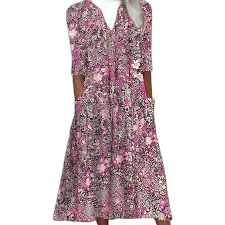 Effortless Floral Midi Dress for Women with V Neck Short Sleeve Flowing Pockets Casual Style