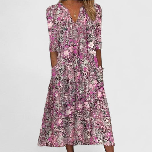 Effortless Floral Midi Dress for Women with V Neck Short Sleeve Flowing Pockets Casual Style