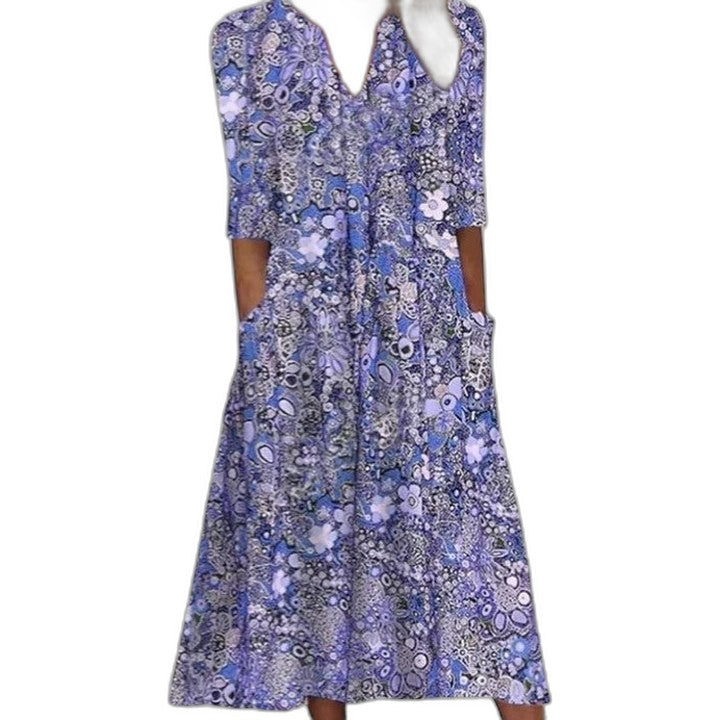 Effortless Floral Midi Dress for Women with V Neck Short Sleeve Flowing Pockets Casual Style