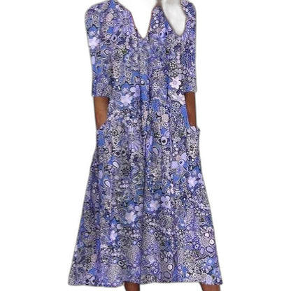 Effortless Floral Midi Dress for Women with V Neck Short Sleeve Flowing Pockets Casual Style