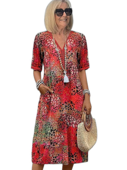 Effortless Floral Midi Dress for Women with V Neck Short Sleeve Flowing Pockets Casual Style
