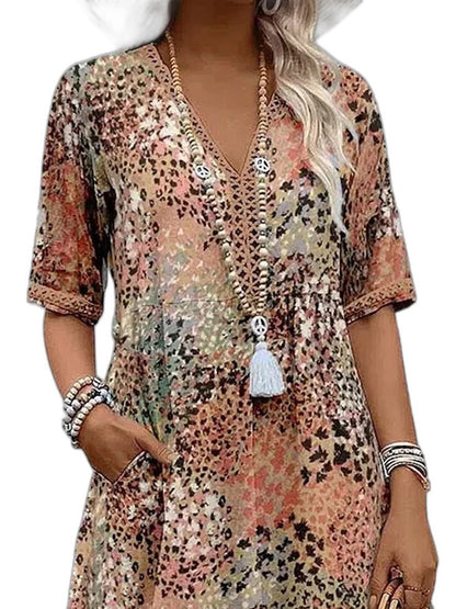 Effortless Floral Midi Dress for Women with V Neck Short Sleeve Flowing Pockets Casual Style