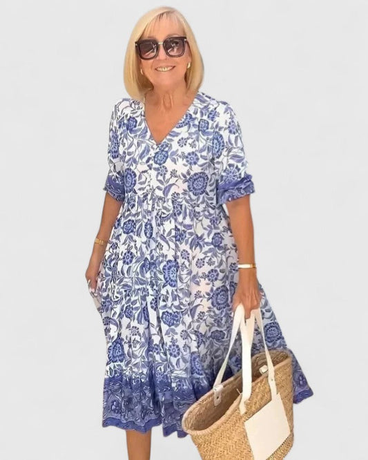 Effortless Floral Midi Dress for Women with V Neck Short Sleeve Tiered Flowing Casual Style