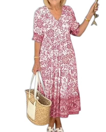 Effortless Floral Midi Dress for Women with V Neck Short Sleeve Tiered Flowing Casual Style