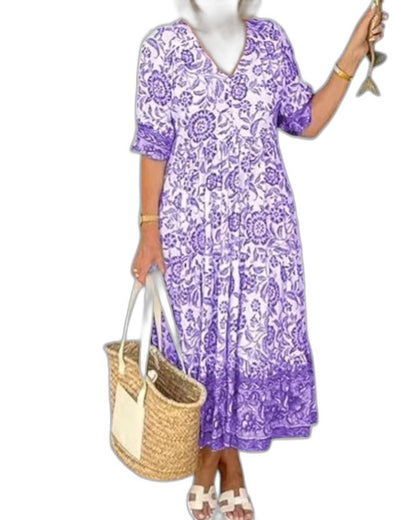 Effortless Floral Midi Dress for Women with V Neck Short Sleeve Tiered Flowing Casual Style