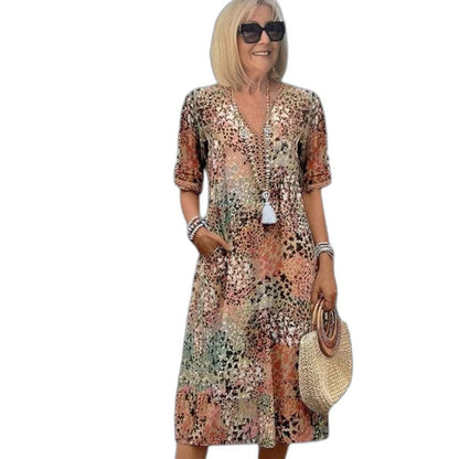 Effortless Floral Midi Dress for Women with V Neck Short Sleeve Tiered Flowing Pockets Casual Style
