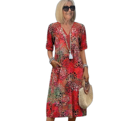 Effortless Floral Midi Dress for Women with V Neck Short Sleeve Tiered Flowing Pockets Casual Style