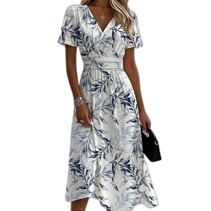 Effortless Floral Midi Dress for Women with V Neck Short Sleeve Wrap Belted Fit And Flare Casual Style