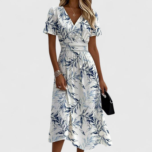 Effortless Floral Midi Dress for Women with V Neck Short Sleeve Wrap Belted Fit And Flare Casual Style