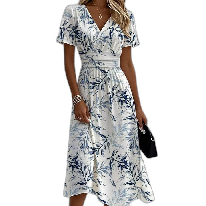 Effortless Floral Midi Dress for Women with V Neck Short Sleeve Wrap Belted Fit And Flare Casual Style