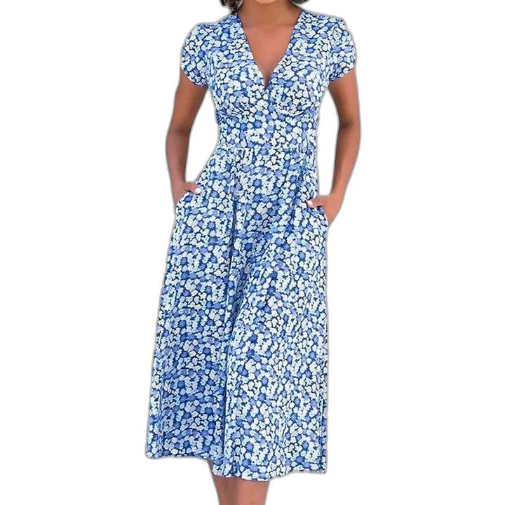 Effortless Floral Midi Dress for Women with V Neck Short Sleeve Wrap Belted Flowing Casual Style