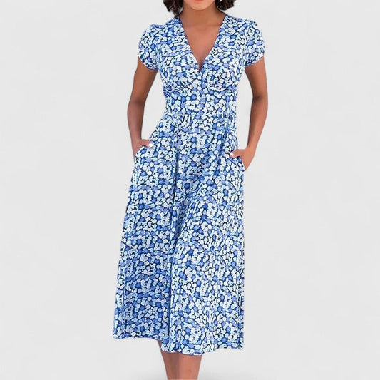 Effortless Floral Midi Dress for Women with V Neck Short Sleeve Wrap Belted Flowing Casual Style