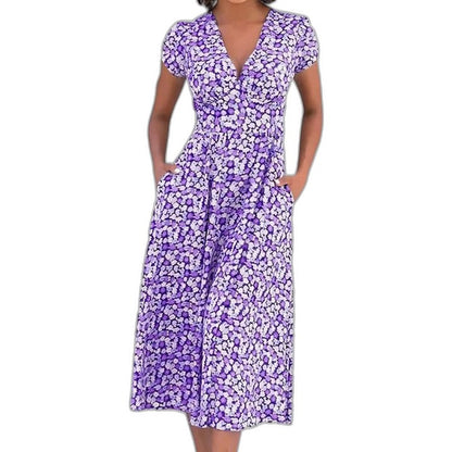 Effortless Floral Midi Dress for Women with V Neck Short Sleeve Wrap Belted Flowing Casual Style