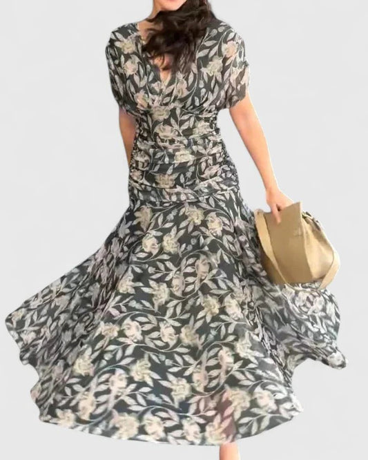 Effortless Floral Midi Dress for Women with V Neck Short Sleeve Wrap Flowing Casual Style