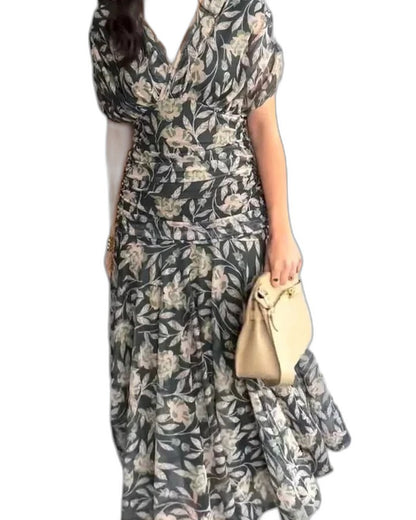 Effortless Floral Midi Dress for Women with V Neck Short Sleeve Wrap Flowing Casual Style
