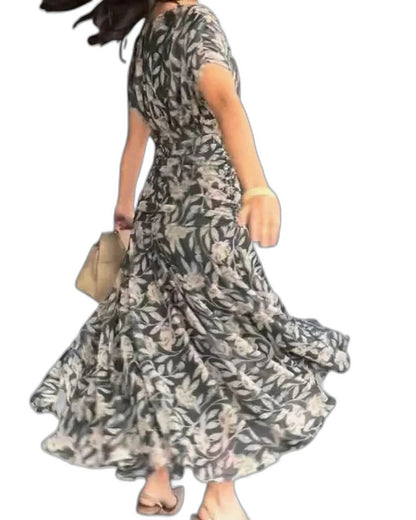 Effortless Floral Midi Dress for Women with V Neck Short Sleeve Wrap Flowing Casual Style