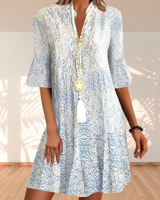 Effortless Floral Mini Dress for Women with Collared Elbow Sleeve Tiered Button Front Flowing Casual Style