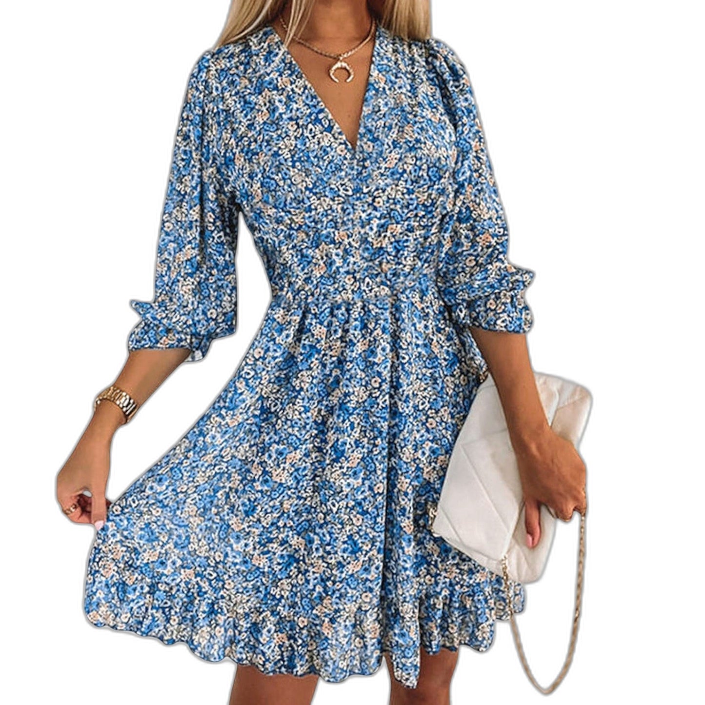 Effortless Floral Mini Dress for Women with V Neck Puff Sleeve A Line Tiered Ruffle Casual Style
