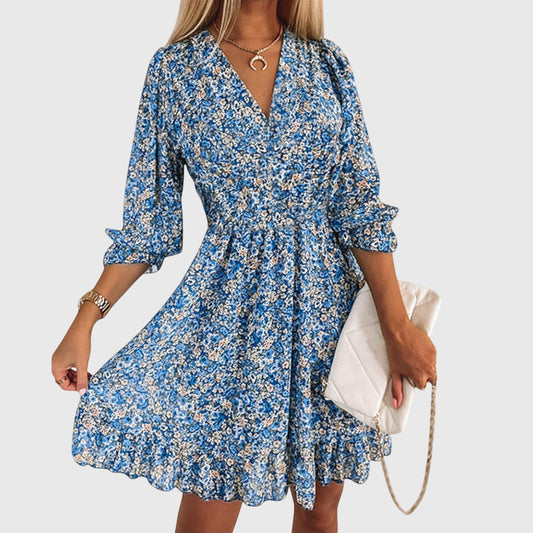 Effortless Floral Mini Dress for Women with V Neck Puff Sleeve A Line Tiered Ruffle Casual Style