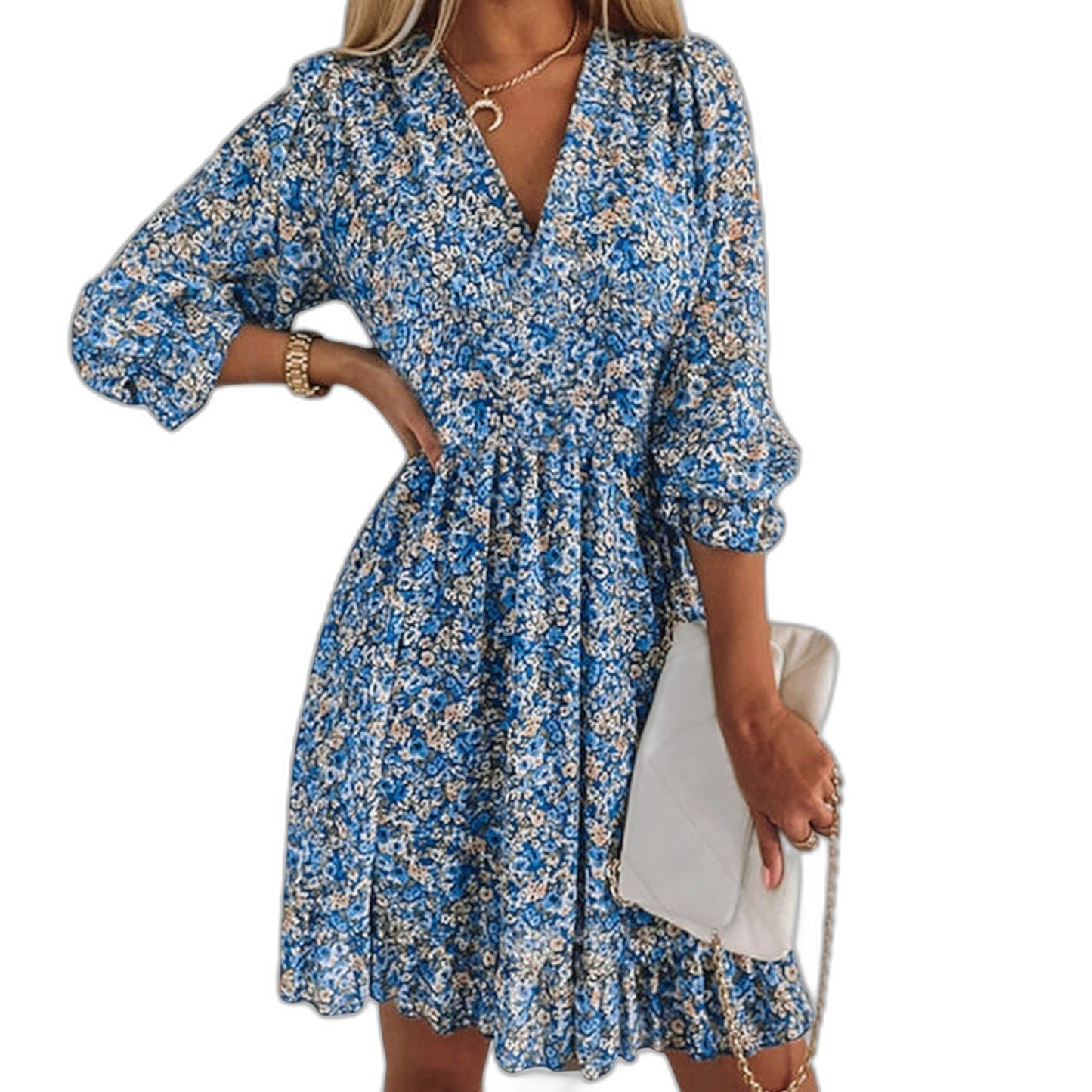 Effortless Floral Mini Dress for Women with V Neck Puff Sleeve A Line Tiered Ruffle Casual Style