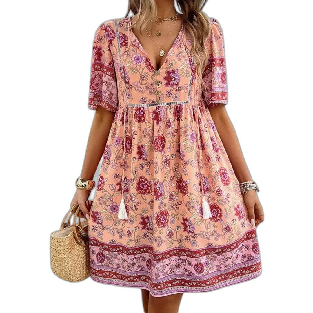 Effortless Floral Mini Dress for Women with V Neck Short Sleeve Tiered Fit And Flare Casual Style