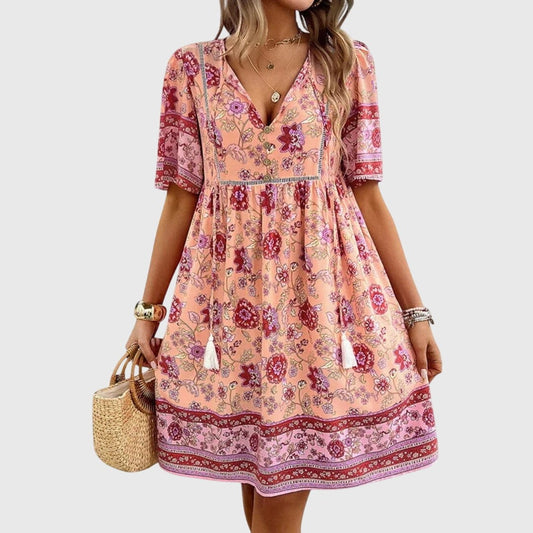Effortless Floral Mini Dress for Women with V Neck Short Sleeve Tiered Fit And Flare Casual Style